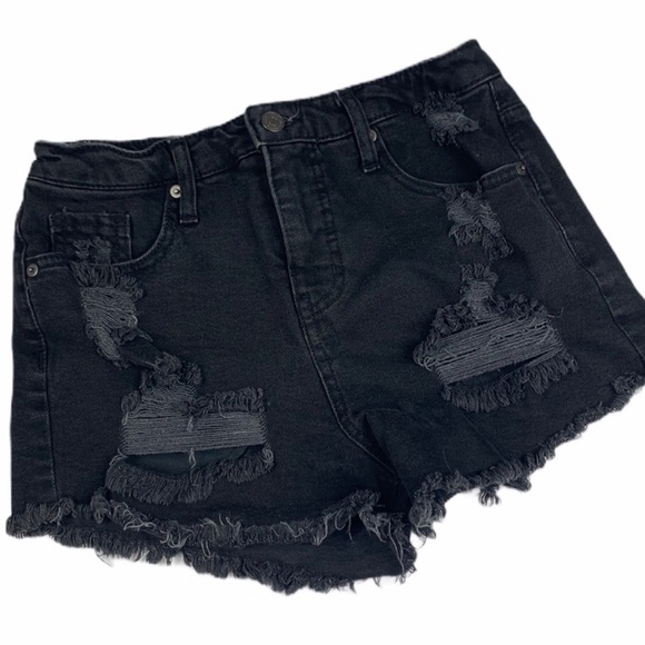 Black Faded Wash High Rise Distressed Jean Shorts - Picture 2 of 5